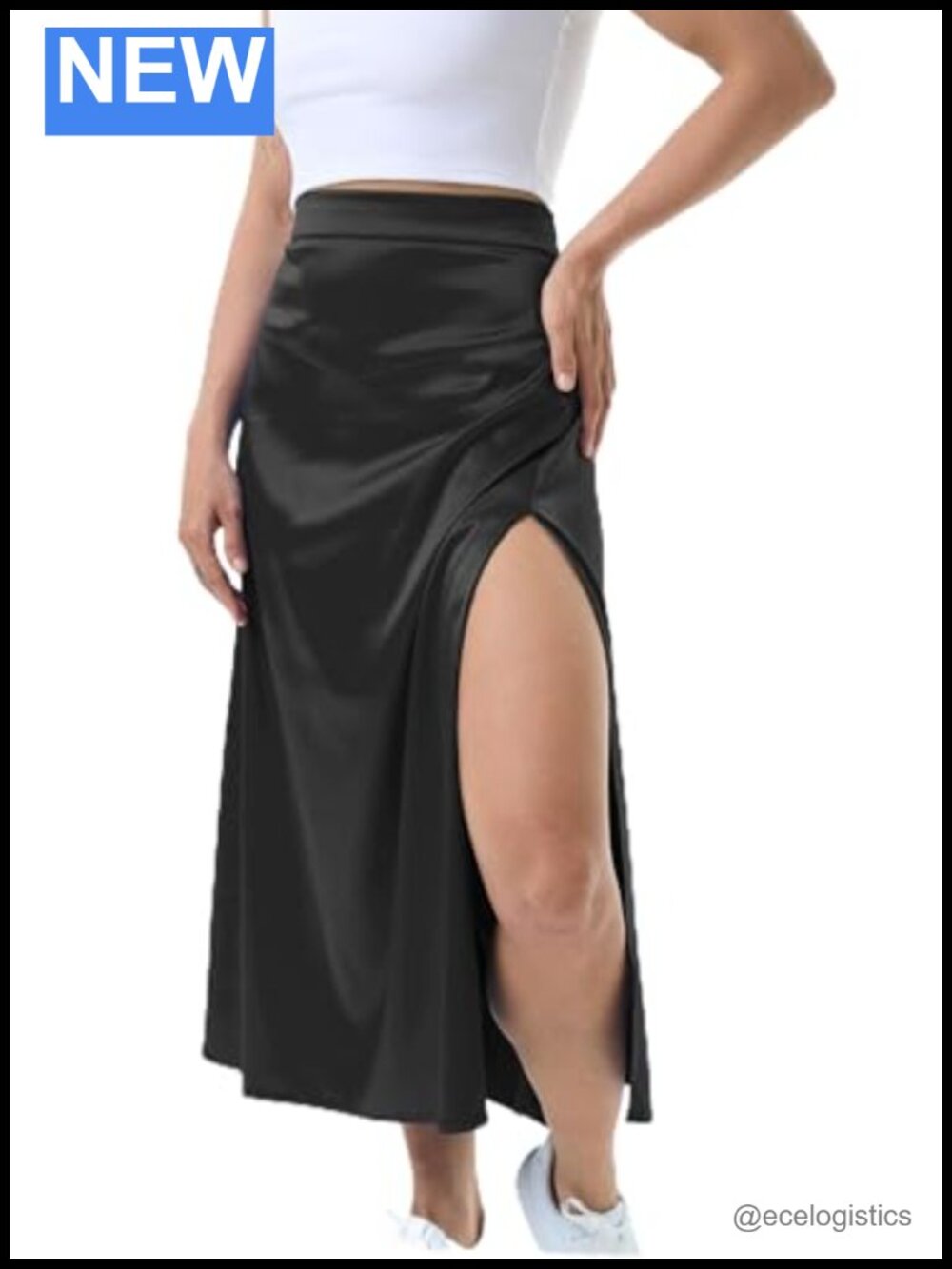 Satin Midi Skirt High Waisted V Front Side Slit Hidden Zipper Elastic Waist
